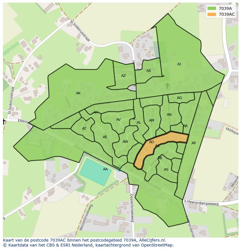 Afbeelding van het postcodegebied 7039 AC op de kaart.