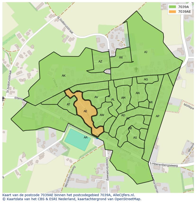 Afbeelding van het postcodegebied 7039 AE op de kaart.