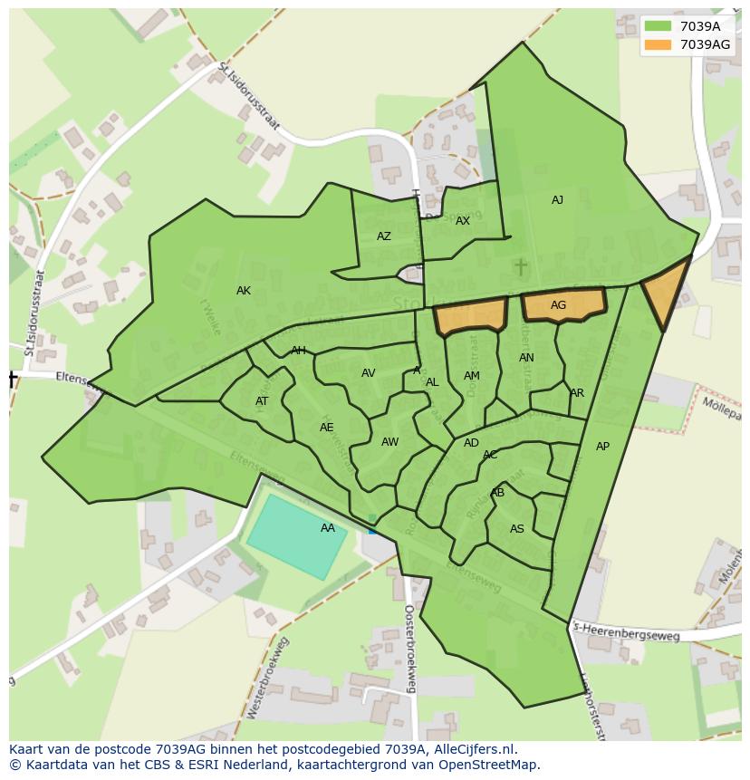 Afbeelding van het postcodegebied 7039 AG op de kaart.