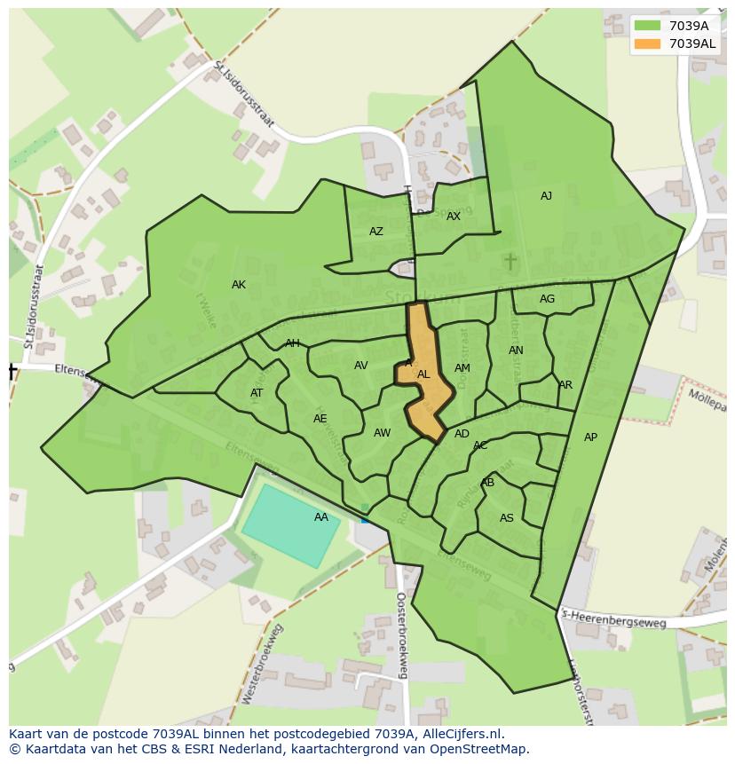Afbeelding van het postcodegebied 7039 AL op de kaart.