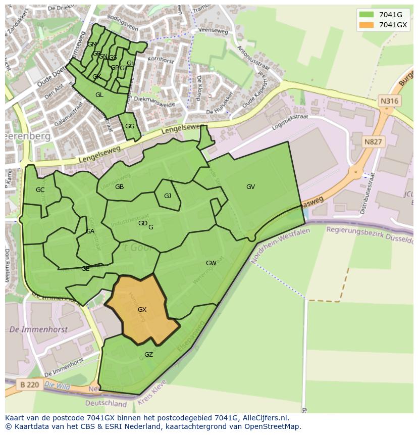 Afbeelding van het postcodegebied 7041 GX op de kaart.