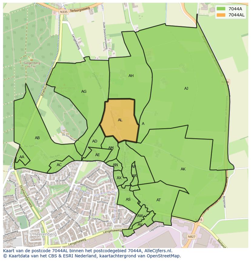 Afbeelding van het postcodegebied 7044 AL op de kaart.