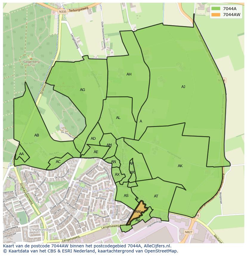 Afbeelding van het postcodegebied 7044 AW op de kaart.