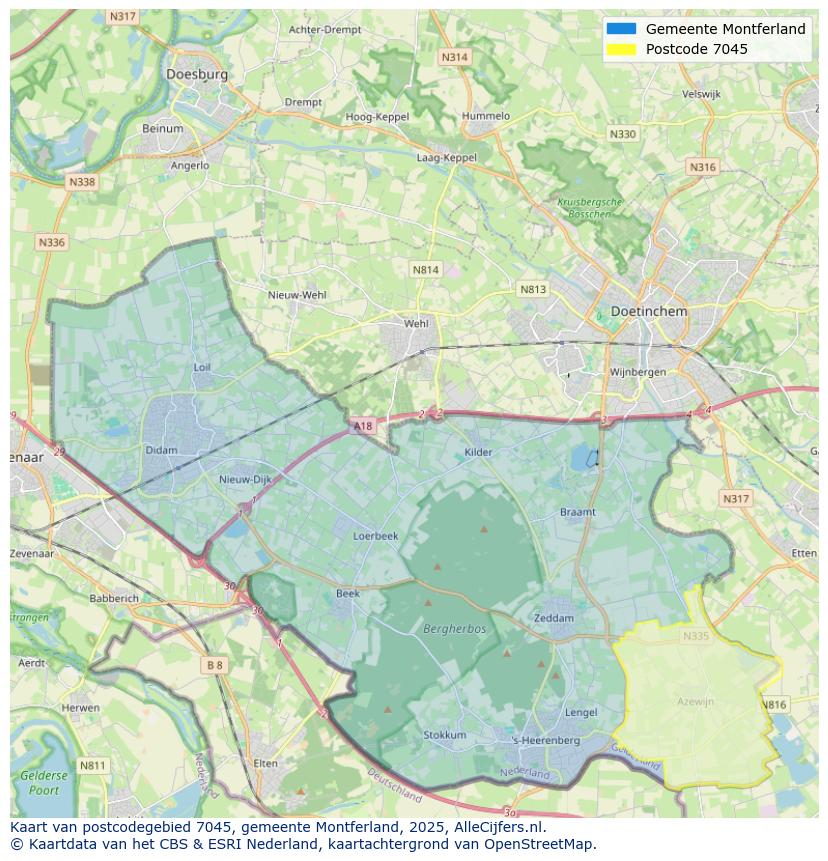 Afbeelding van het postcodegebied 7045 op de kaart.