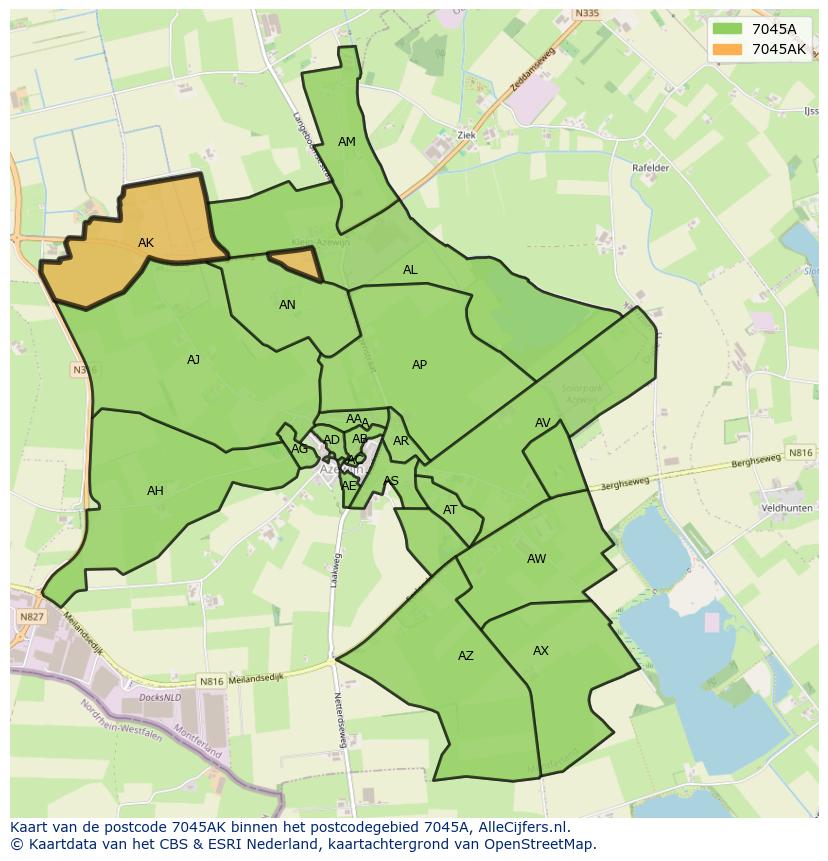 Afbeelding van het postcodegebied 7045 AK op de kaart.