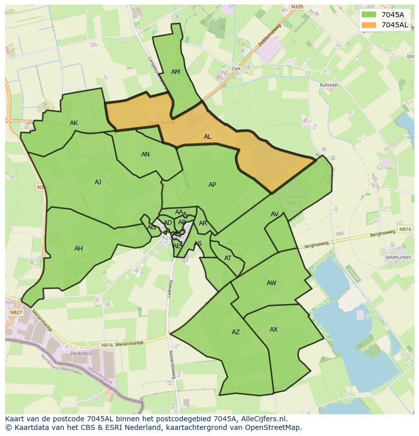 Afbeelding van het postcodegebied 7045 AL op de kaart.