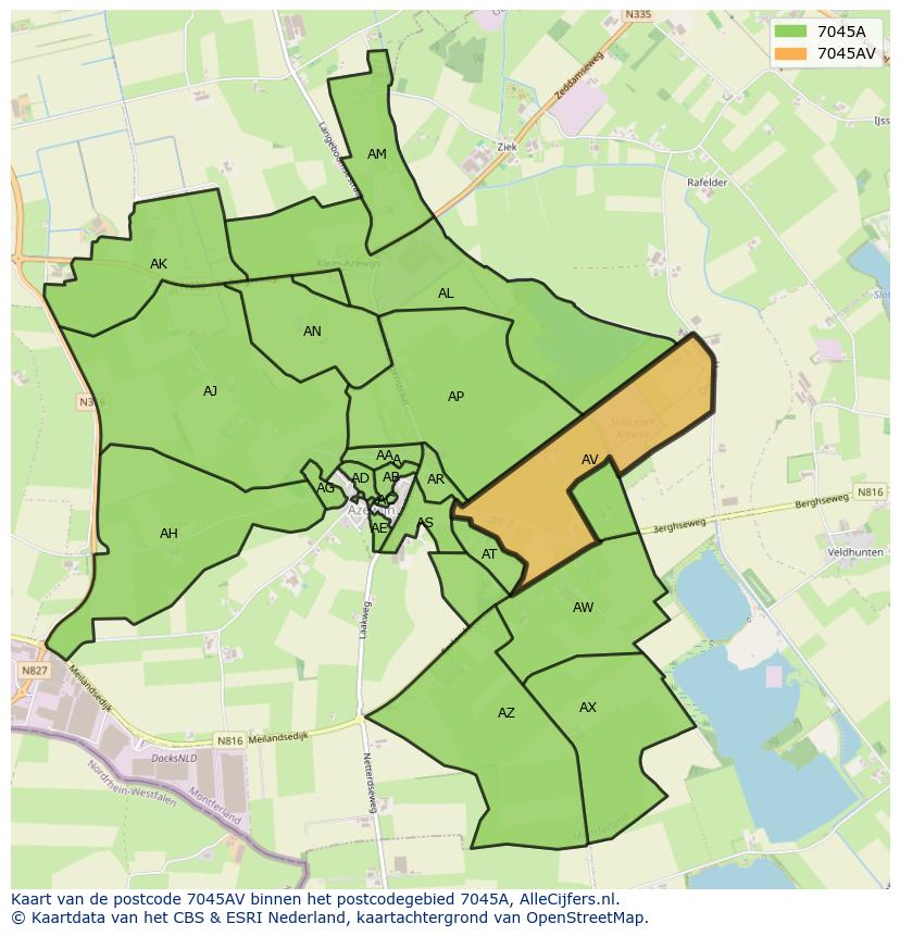 Afbeelding van het postcodegebied 7045 AV op de kaart.