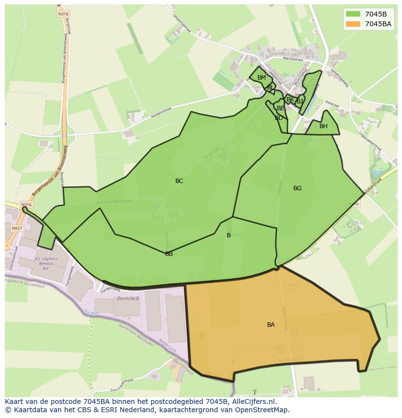 Afbeelding van het postcodegebied 7045 BA op de kaart.