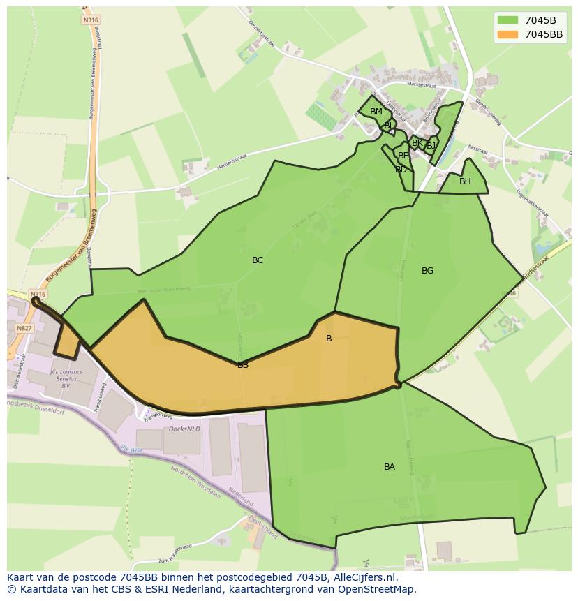 Afbeelding van het postcodegebied 7045 BB op de kaart.