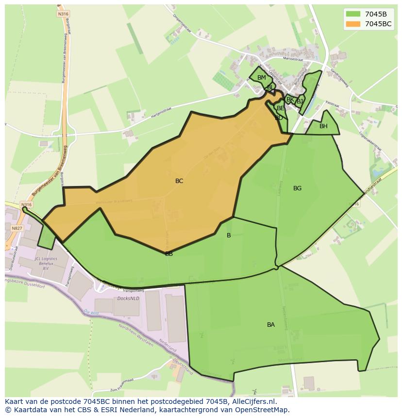 Afbeelding van het postcodegebied 7045 BC op de kaart.
