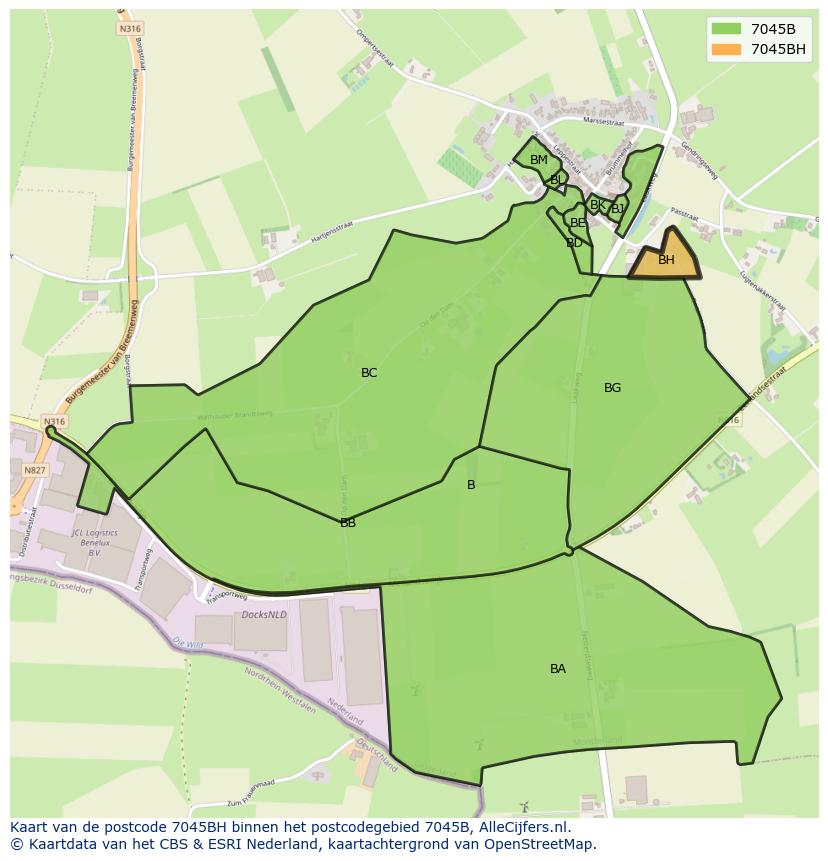 Afbeelding van het postcodegebied 7045 BH op de kaart.