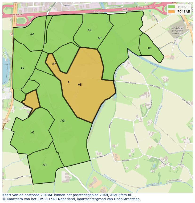 Afbeelding van het postcodegebied 7048 AE op de kaart.
