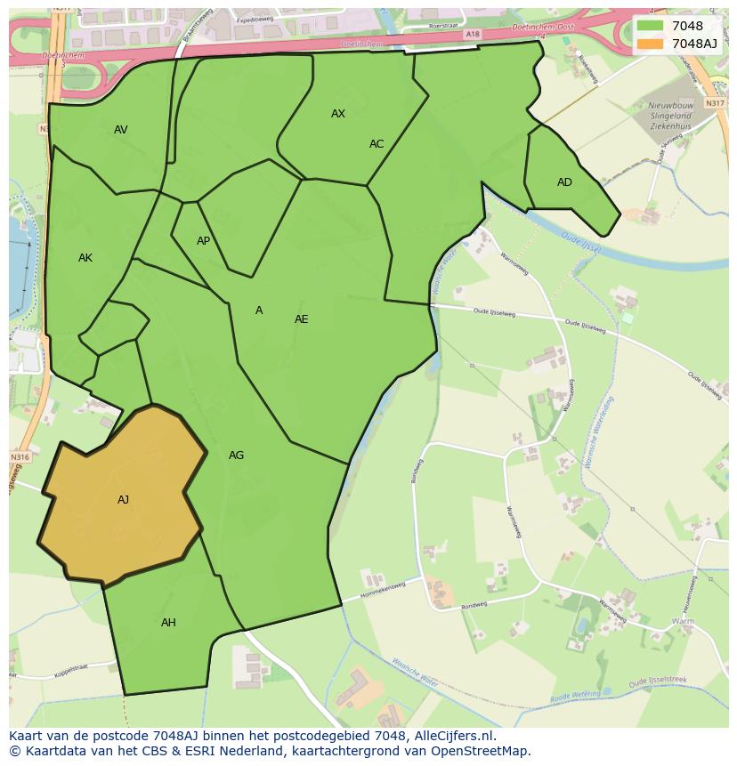Afbeelding van het postcodegebied 7048 AJ op de kaart.