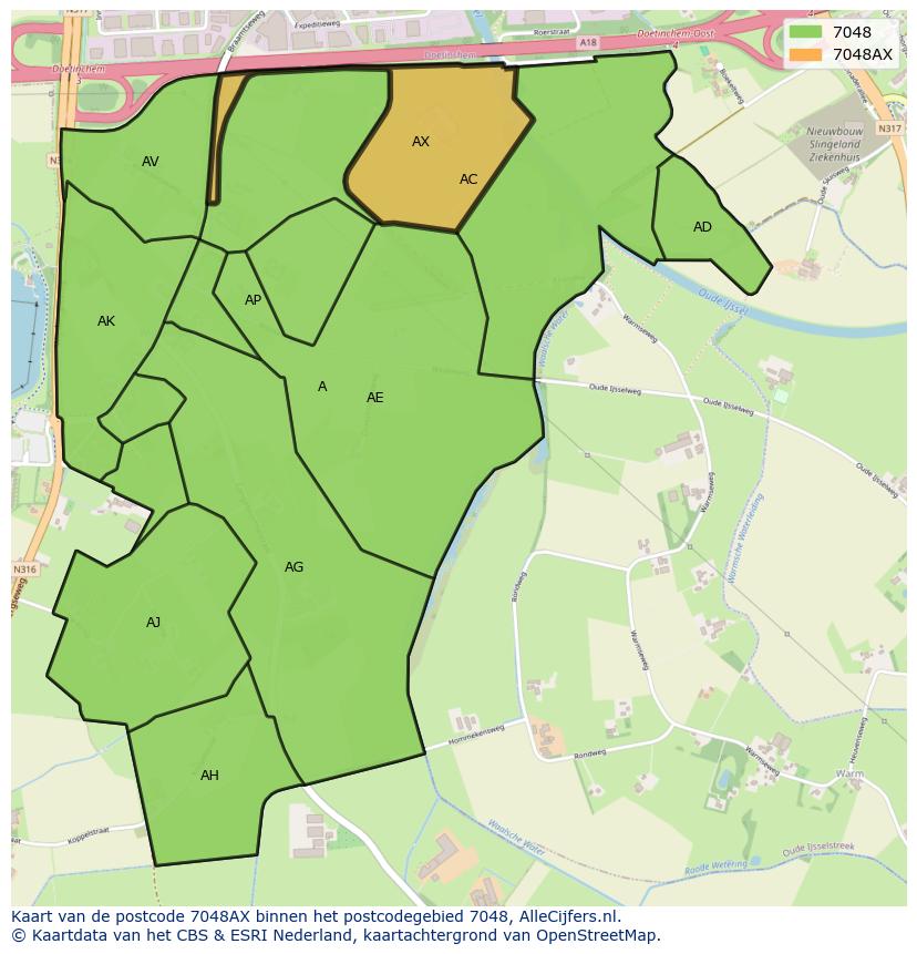 Afbeelding van het postcodegebied 7048 AX op de kaart.