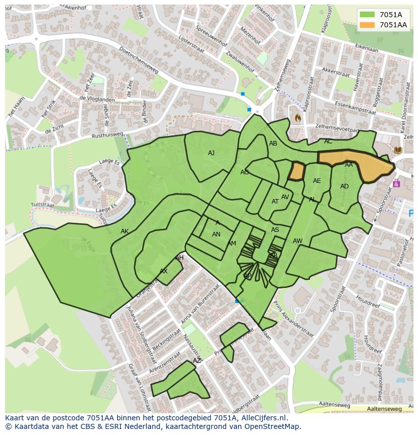 Afbeelding van het postcodegebied 7051 AA op de kaart.