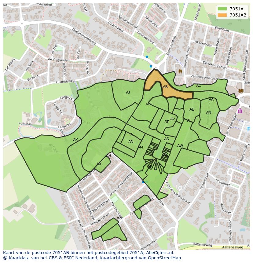 Afbeelding van het postcodegebied 7051 AB op de kaart.