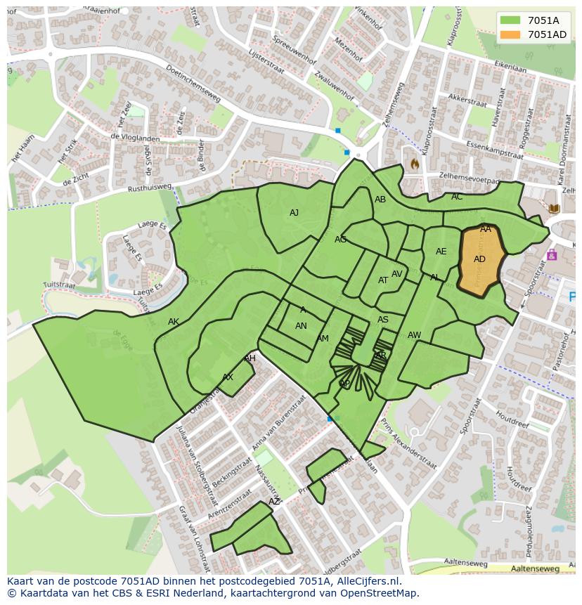 Afbeelding van het postcodegebied 7051 AD op de kaart.