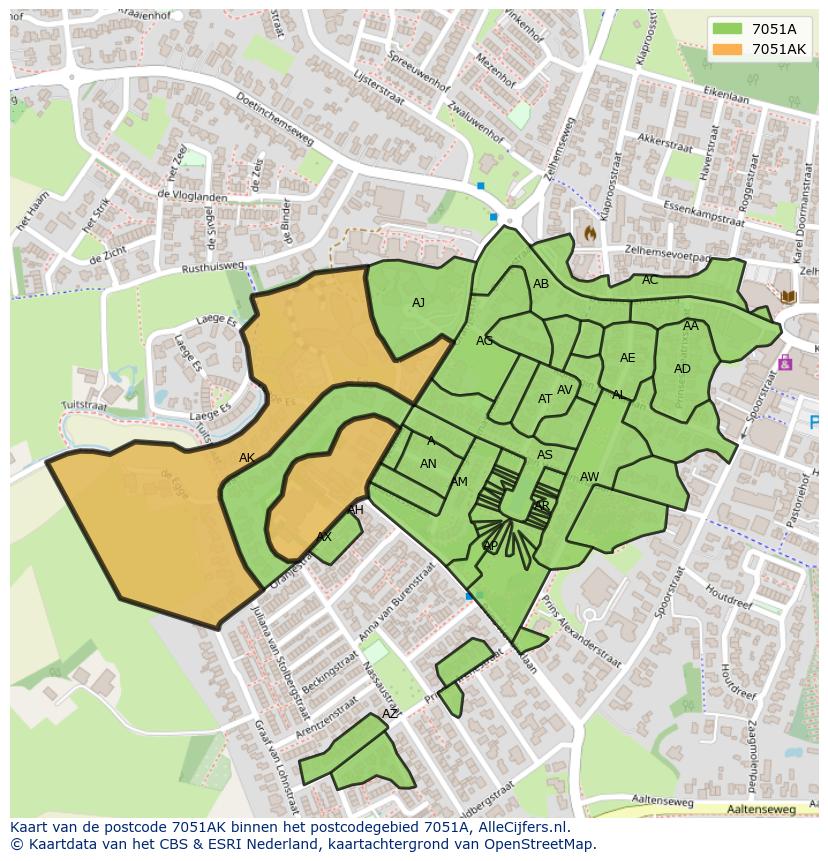 Afbeelding van het postcodegebied 7051 AK op de kaart.