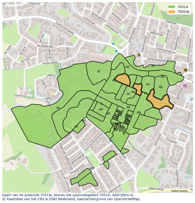 Afbeelding van het postcodegebied 7051 AL op de kaart.
