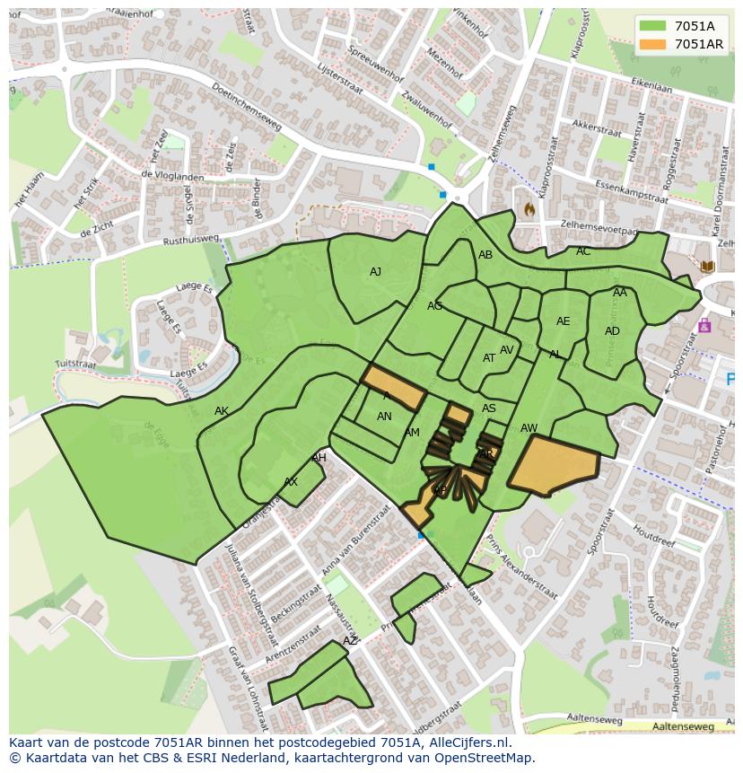 Afbeelding van het postcodegebied 7051 AR op de kaart.