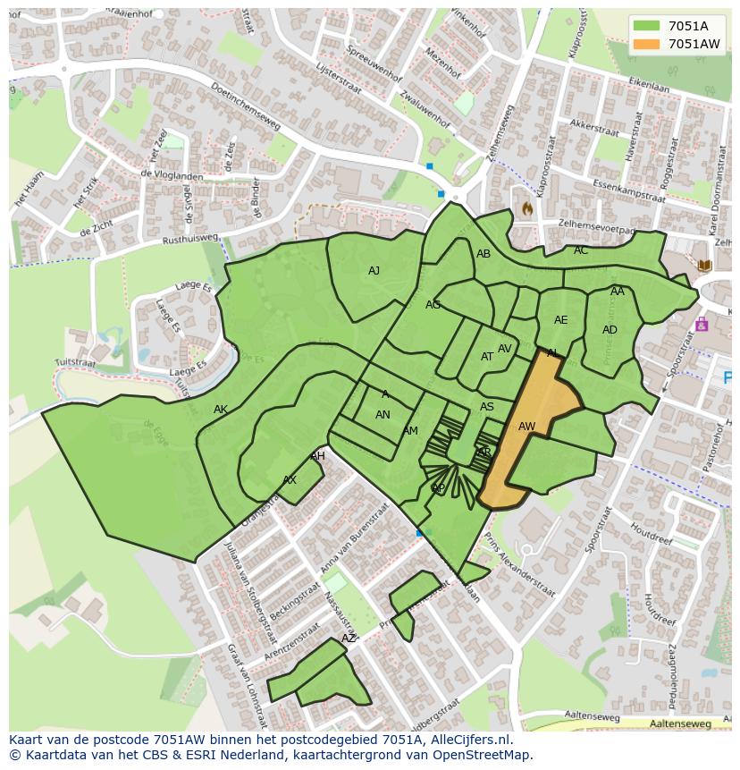 Afbeelding van het postcodegebied 7051 AW op de kaart.