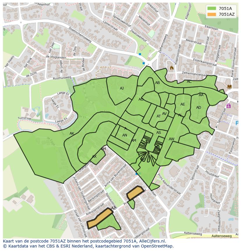 Afbeelding van het postcodegebied 7051 AZ op de kaart.