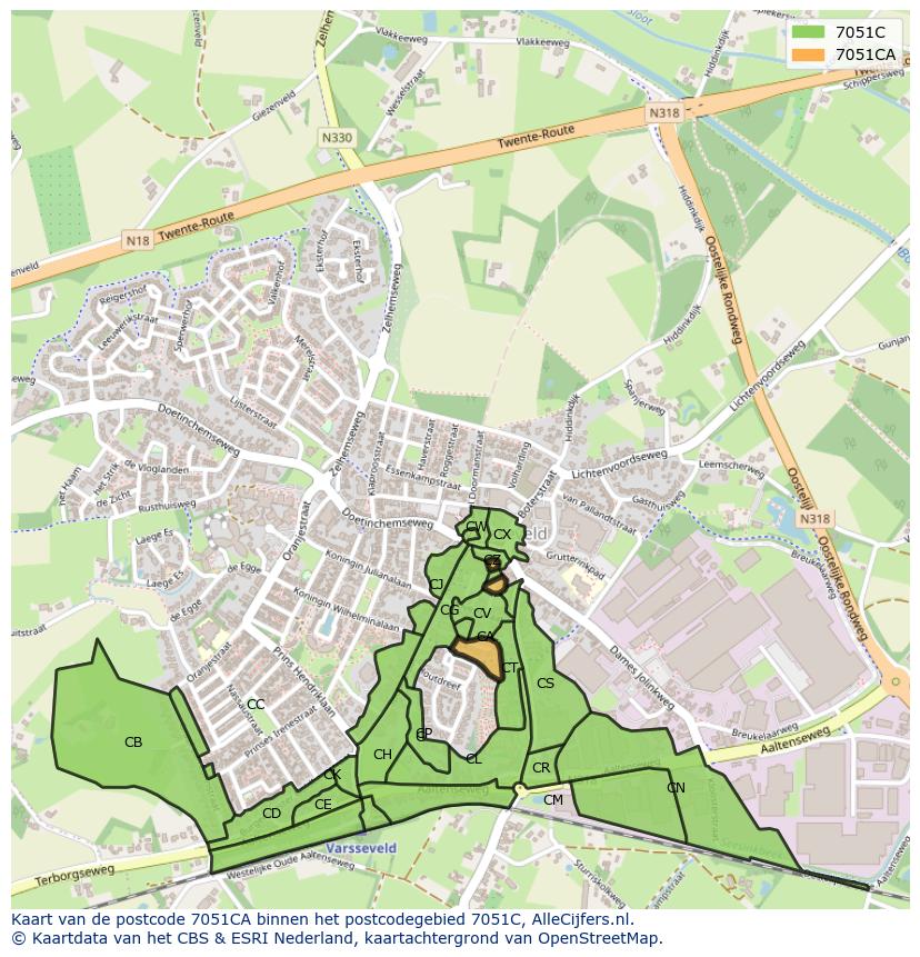 Afbeelding van het postcodegebied 7051 CA op de kaart.