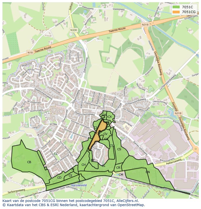 Afbeelding van het postcodegebied 7051 CG op de kaart.