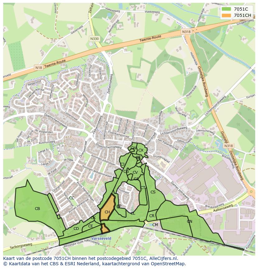 Afbeelding van het postcodegebied 7051 CH op de kaart.