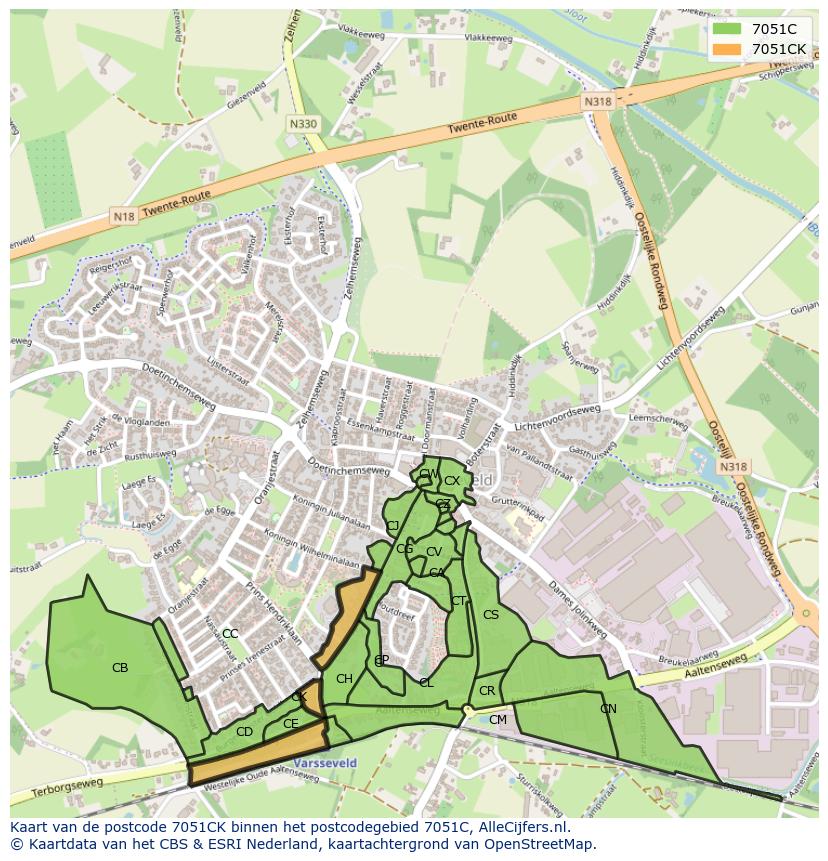 Afbeelding van het postcodegebied 7051 CK op de kaart.
