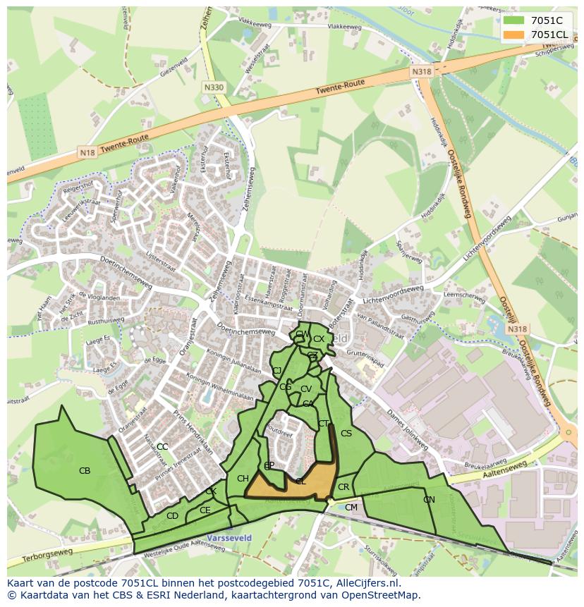 Afbeelding van het postcodegebied 7051 CL op de kaart.