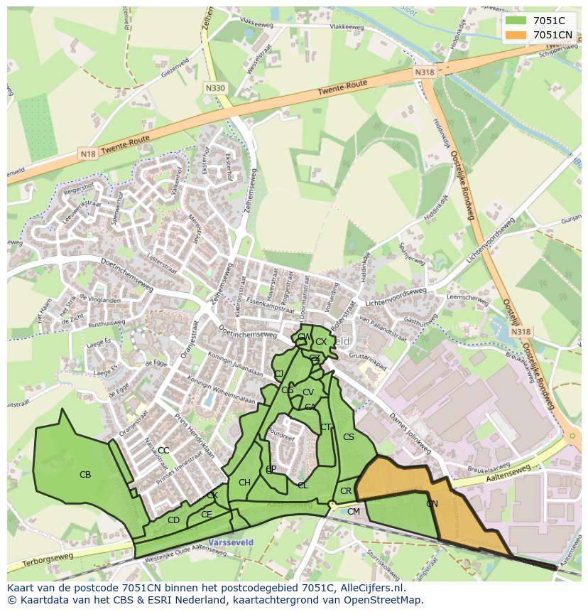 Afbeelding van het postcodegebied 7051 CN op de kaart.