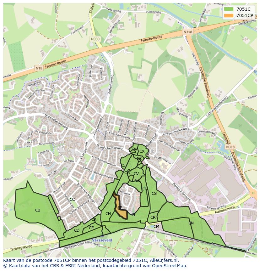 Afbeelding van het postcodegebied 7051 CP op de kaart.
