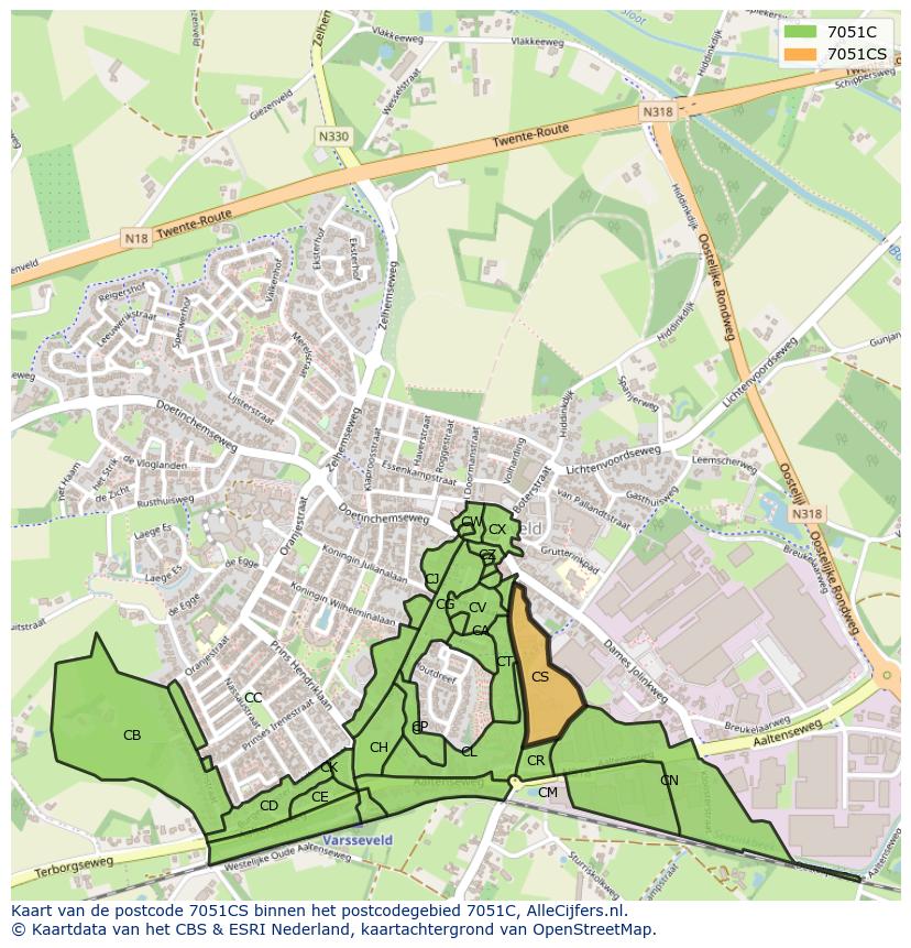 Afbeelding van het postcodegebied 7051 CS op de kaart.