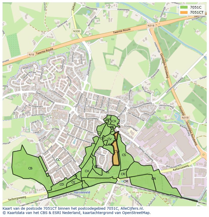 Afbeelding van het postcodegebied 7051 CT op de kaart.