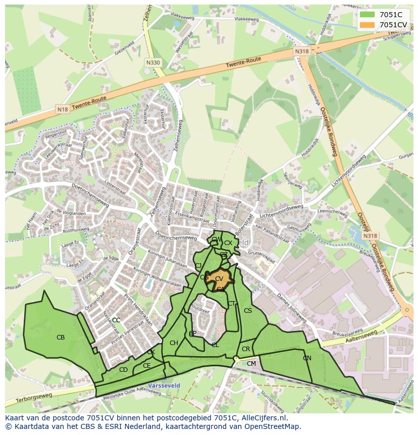 Afbeelding van het postcodegebied 7051 CV op de kaart.