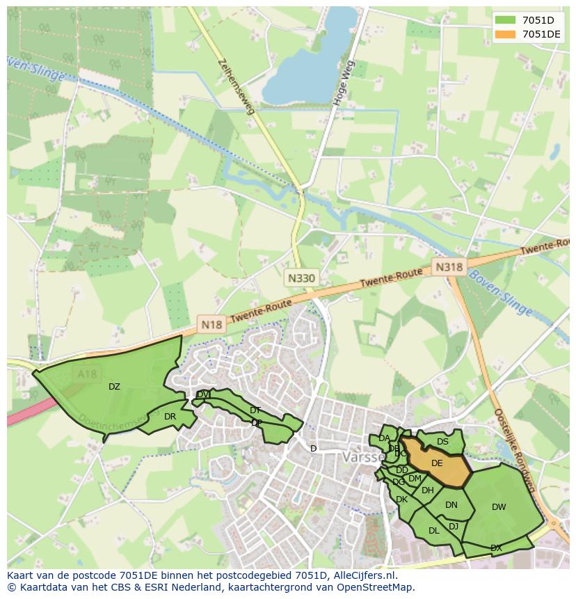 Afbeelding van het postcodegebied 7051 DE op de kaart.