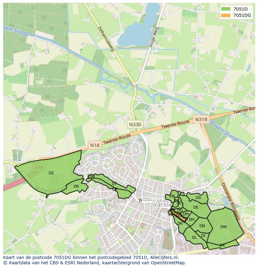 Afbeelding van het postcodegebied 7051 DG op de kaart.