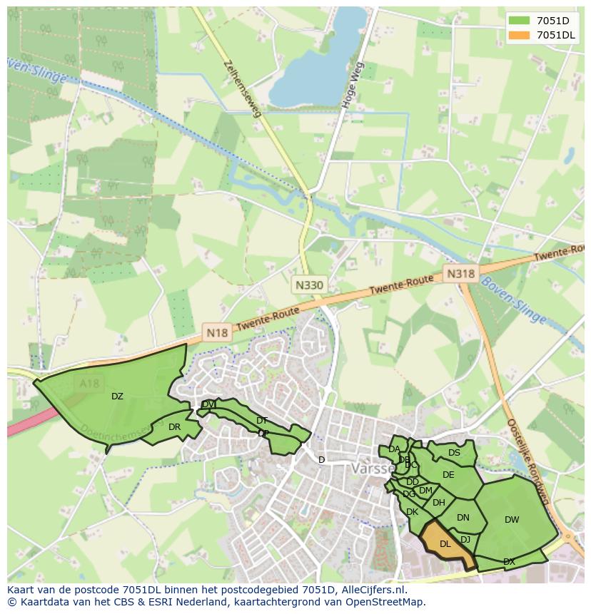 Afbeelding van het postcodegebied 7051 DL op de kaart.
