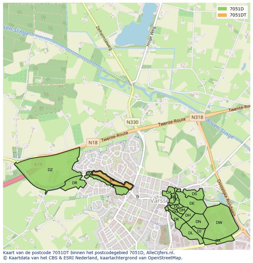 Afbeelding van het postcodegebied 7051 DT op de kaart.