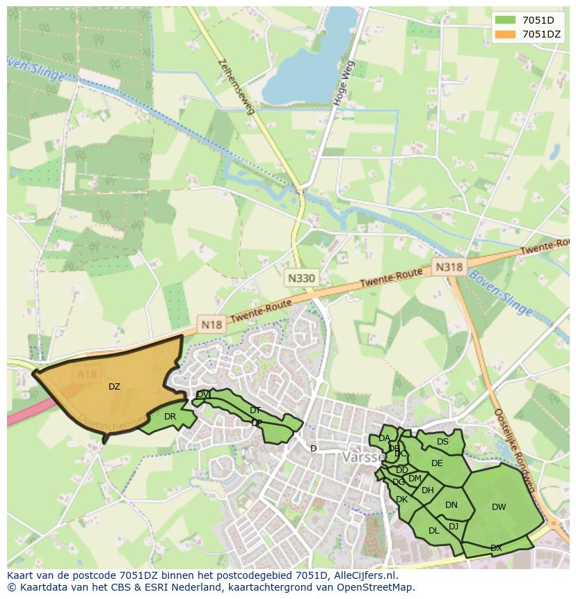 Afbeelding van het postcodegebied 7051 DZ op de kaart.