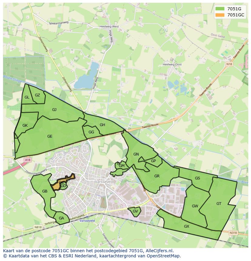 Afbeelding van het postcodegebied 7051 GC op de kaart.