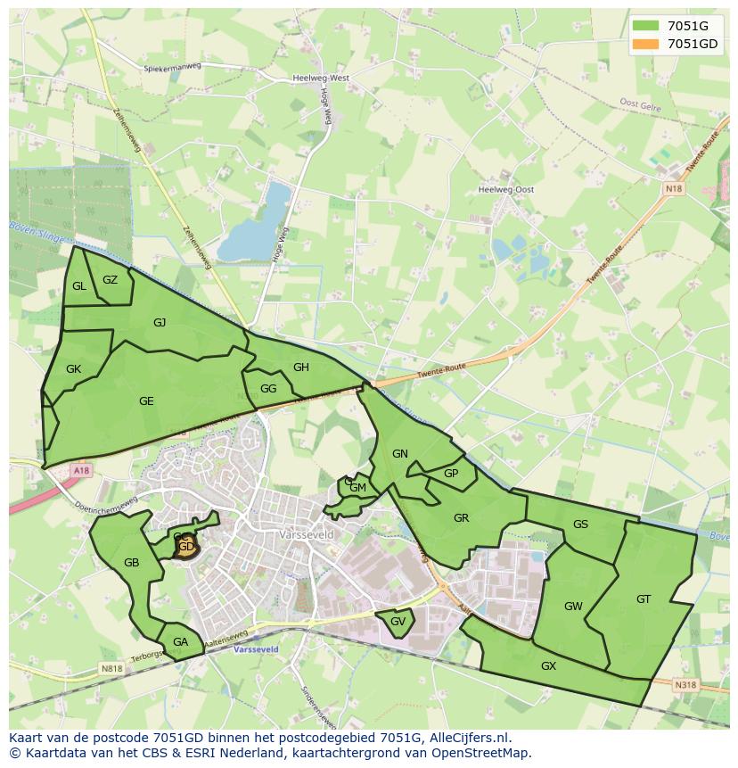 Afbeelding van het postcodegebied 7051 GD op de kaart.