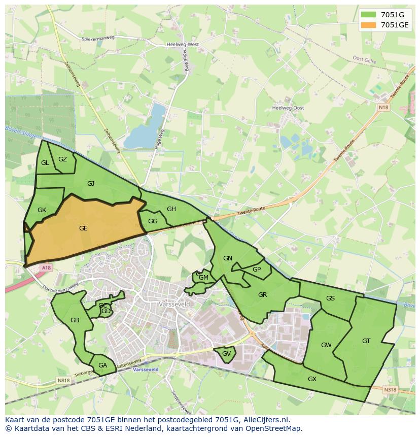 Afbeelding van het postcodegebied 7051 GE op de kaart.