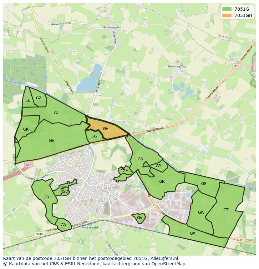 Afbeelding van het postcodegebied 7051 GH op de kaart.