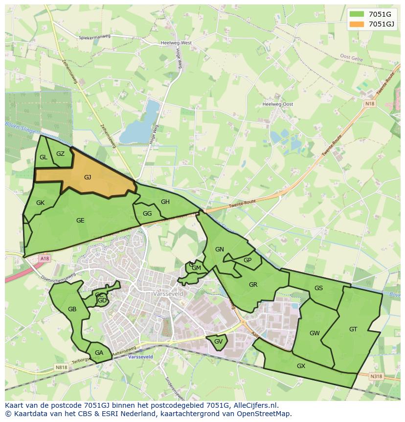 Afbeelding van het postcodegebied 7051 GJ op de kaart.