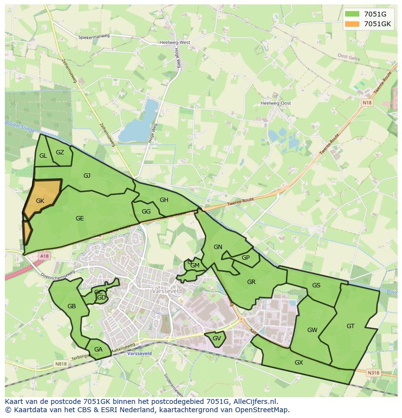 Afbeelding van het postcodegebied 7051 GK op de kaart.