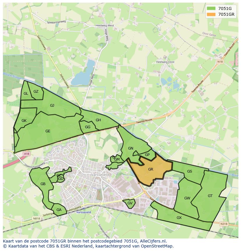 Afbeelding van het postcodegebied 7051 GR op de kaart.