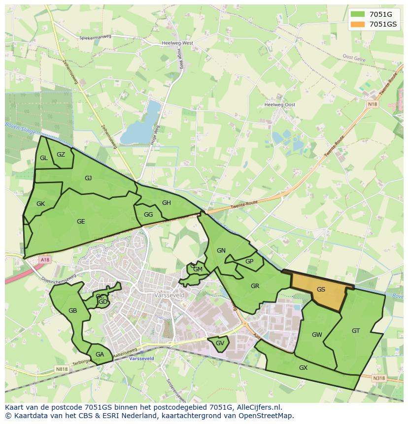 Afbeelding van het postcodegebied 7051 GS op de kaart.