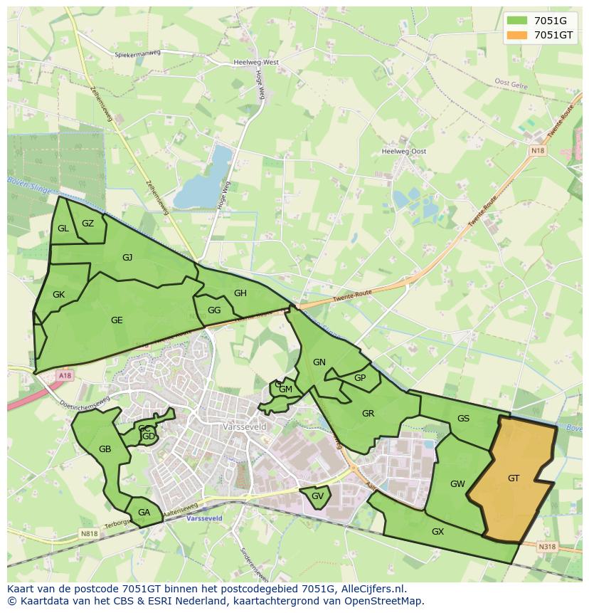 Afbeelding van het postcodegebied 7051 GT op de kaart.